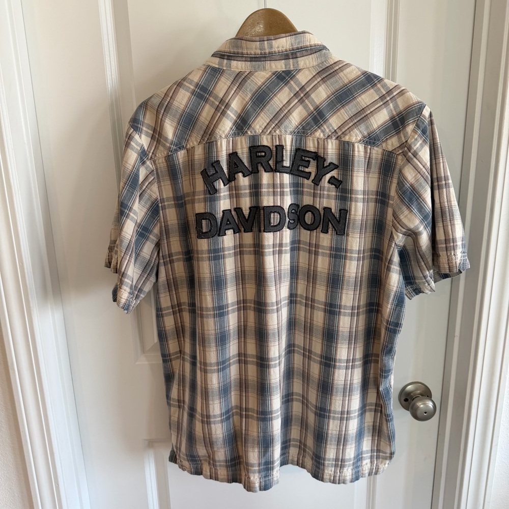 Harley-Davidson Plaid Button Up Shirt Lg Tan Blue Short Sleeve Spell Out Biker